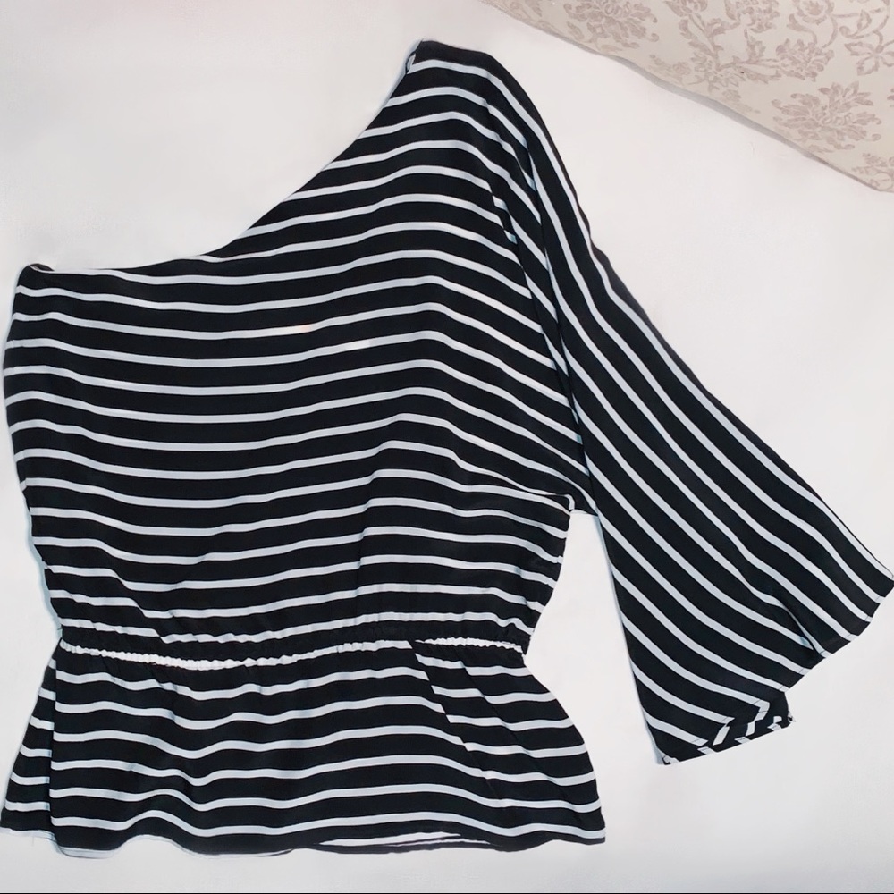 Striped One-Shoulder Bell-Sleeve Blouse | S